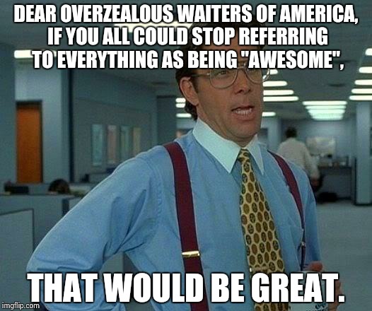 The more fake the enthusiasm, the smaller the tip... | DEAR OVERZEALOUS WAITERS OF AMERICA, IF YOU ALL COULD STOP REFERRING TO EVERYTHING AS BEING "AWESOME", THAT WOULD BE GREAT. | image tagged in that would be great,dumb,stupid | made w/ Imgflip meme maker