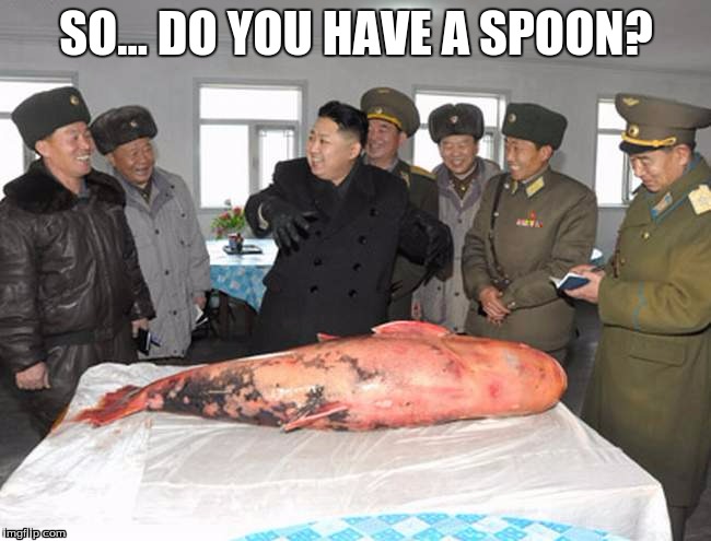Kim Jong And The Big Fish | SO... DO YOU HAVE A SPOON? | image tagged in fish,fat,spoon | made w/ Imgflip meme maker