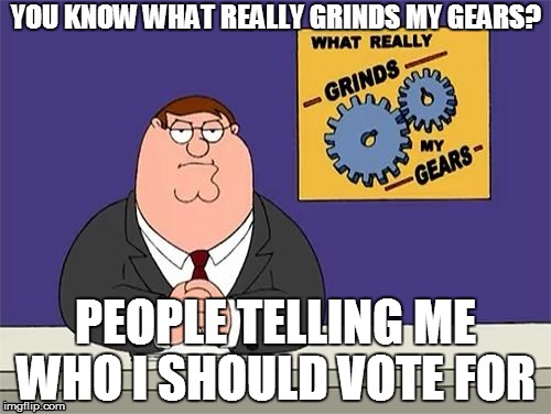 it grinds my gears | PEOPLE TELLING ME WHO I SHOULD VOTE FOR | image tagged in politics | made w/ Imgflip meme maker