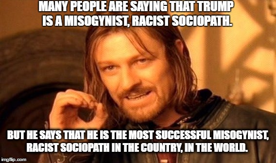 One Does Not Simply | MANY PEOPLE ARE SAYING THAT TRUMP IS A MISOGYNIST, RACIST SOCIOPATH. BUT HE SAYS THAT HE IS THE MOST SUCCESSFUL MISOGYNIST, RACIST SOCIOPATH IN THE COUNTRY, IN THE WORLD. | image tagged in memes,one does not simply | made w/ Imgflip meme maker