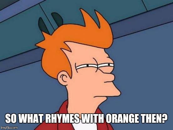 Futurama Fry Meme | SO WHAT RHYMES WITH ORANGE THEN? | image tagged in memes,futurama fry | made w/ Imgflip meme maker