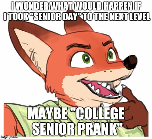 Got any ideas anyone? | I WONDER WHAT WOULD HAPPEN IF I TOOK "SENIOR DAY" TO THE NEXT LEVEL; MAYBE "COLLEGE SENIOR PRANK" | image tagged in nick wilde,memes,zootopia,senior prank | made w/ Imgflip meme maker