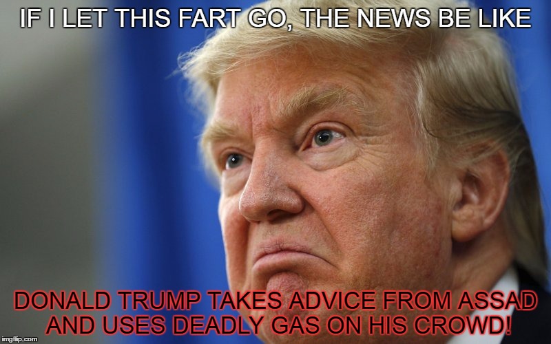 IF I LET THIS FART GO, THE NEWS BE LIKE; DONALD TRUMP TAKES ADVICE FROM ASSAD AND USES DEADLY GAS ON HIS CROWD! | image tagged in donald trump | made w/ Imgflip meme maker