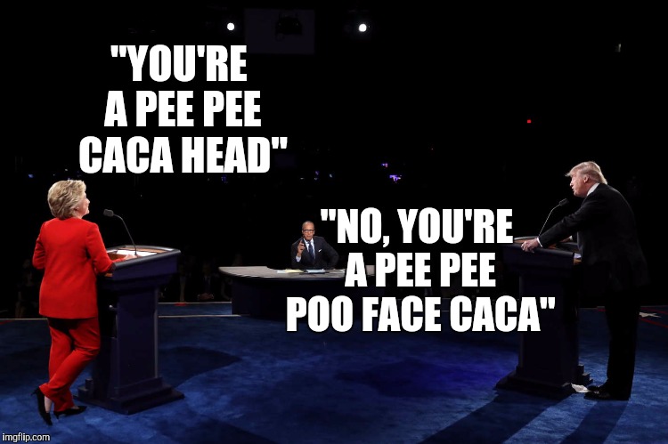 Presidential debate 2020 | "YOU'RE A PEE PEE CACA HEAD"; "NO, YOU'RE A PEE PEE POO FACE CACA" | image tagged in trump,hillary,presidential debate | made w/ Imgflip meme maker
