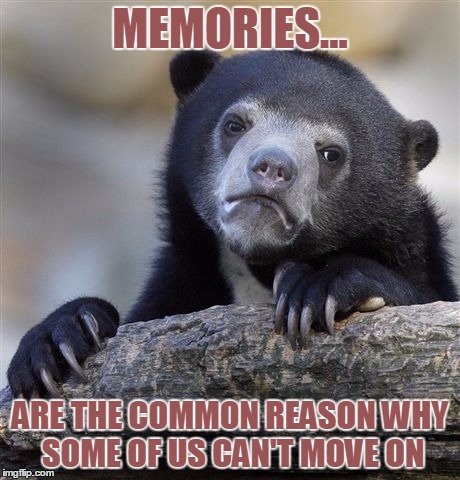 RIP memories :( | MEMORIES... ARE THE COMMON REASON WHY SOME OF US CAN'T MOVE ON | image tagged in memes,confession bear | made w/ Imgflip meme maker