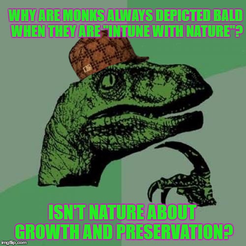 am i the only one who wonder about monk's lack of hair when they are supposed to be "growing" and "preserving" stuff | WHY ARE MONKS ALWAYS DEPICTED BALD WHEN THEY ARE "INTUNE WITH NATURE"? ISN'T NATURE ABOUT GROWTH AND PRESERVATION? | image tagged in memes,philosoraptor,scumbag | made w/ Imgflip meme maker
