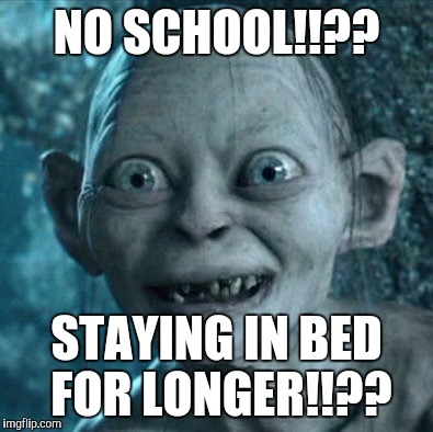 Gollum Meme | NO SCHOOL!!?? STAYING IN BED FOR LONGER!!?? | image tagged in memes,gollum | made w/ Imgflip meme maker