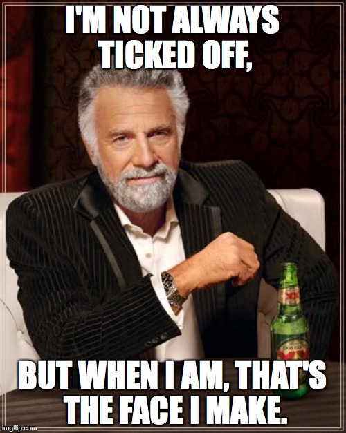 The Most Interesting Man In The World Meme | I'M NOT ALWAYS TICKED OFF, BUT WHEN I AM, THAT'S THE FACE I MAKE. | image tagged in memes,the most interesting man in the world | made w/ Imgflip meme maker