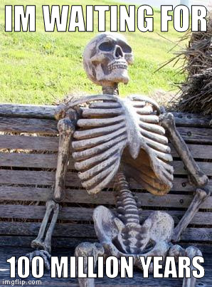 Waiting Skeleton | IM WAITING FOR; 100 MILLION YEARS | image tagged in memes,waiting skeleton | made w/ Imgflip meme maker