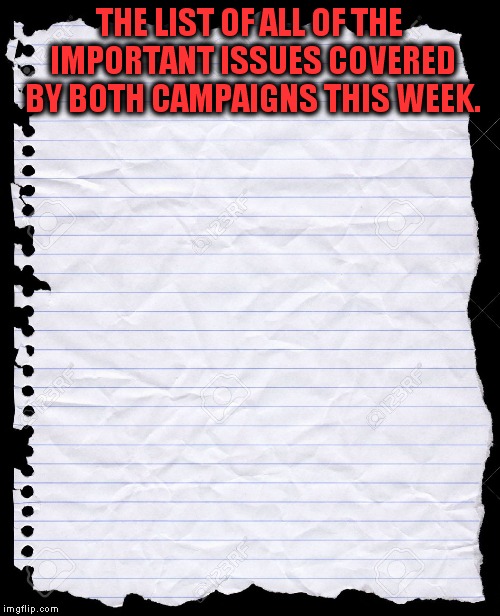 Bill's bimbos, grabbing and groping | THE LIST OF ALL OF THE IMPORTANT ISSUES COVERED BY BOTH CAMPAIGNS THIS WEEK. | image tagged in paper,trump,clintoon | made w/ Imgflip meme maker