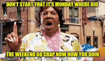 DON'T START THAT IT'S MONDAY WHERE DID; THE WEEKEND GO CRAP NOW HOW YOU DOIN | image tagged in monday mornings | made w/ Imgflip meme maker