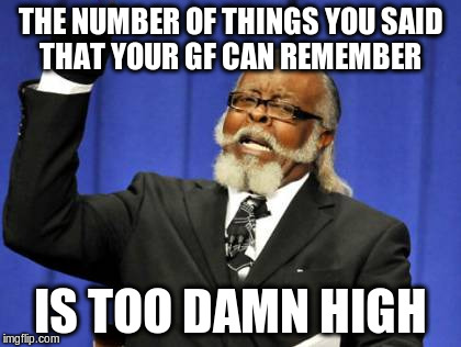 Too Damn High | THE NUMBER OF THINGS YOU SAID THAT YOUR GF CAN REMEMBER; IS TOO DAMN HIGH | image tagged in memes,too damn high | made w/ Imgflip meme maker
