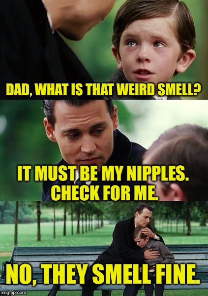 Finding Nippleland | DAD, WHAT IS THAT WEIRD SMELL? IT MUST BE MY NIPPLES. CHECK FOR ME. NO, THEY SMELL FINE. | image tagged in memes,finding neverland,nipples,funny memes,dank | made w/ Imgflip meme maker