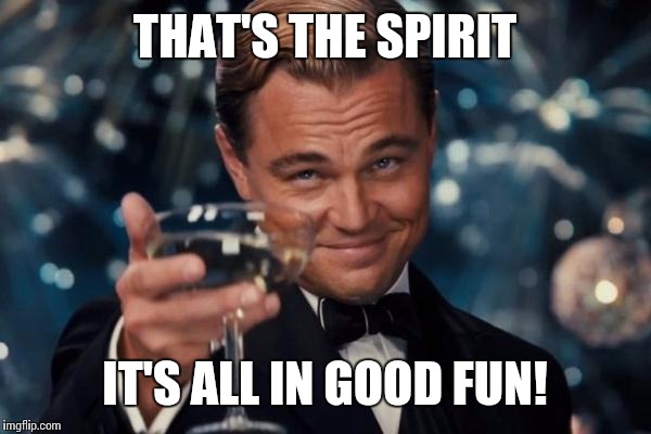 Leonardo Dicaprio Cheers Meme | THAT'S THE SPIRIT IT'S ALL IN GOOD FUN! | image tagged in memes,leonardo dicaprio cheers | made w/ Imgflip meme maker