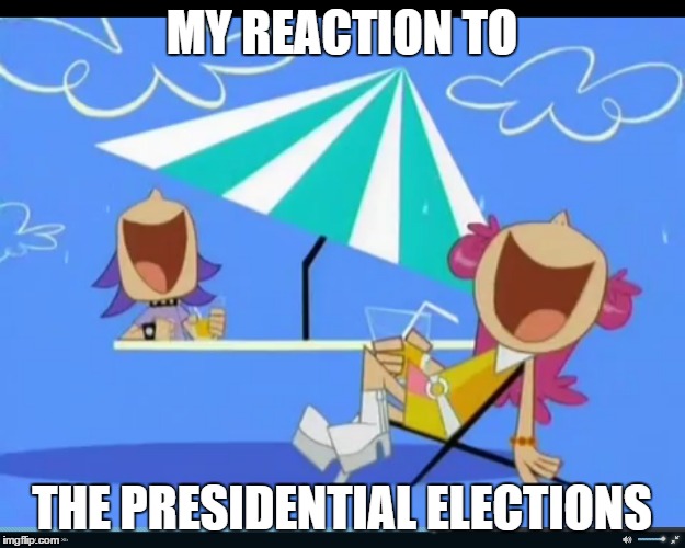 Hi Hi Puffy Amiyumi Laughing meme #1 | MY REACTION TO; THE PRESIDENTIAL ELECTIONS | image tagged in puffy amiyumi,hi hi puffy amuyumi,donald trump,hillary clinton,presidential election | made w/ Imgflip meme maker