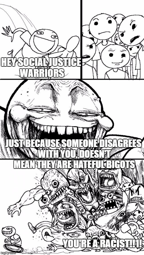 *Triggered | HEY SOCIAL JUSTICE WARRIORS; JUST BECAUSE SOMEONE DISAGREES WITH YOU, DOESN'T MEAN THEY ARE HATEFUL BIGOTS; YOU'RE A RACIST!!1! | image tagged in memes,hey internet,social justice warrior,stupid people,no racism | made w/ Imgflip meme maker