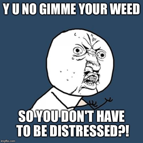 Y U No Meme | Y U NO GIMME YOUR WEED SO YOU DON'T HAVE TO BE DISTRESSED?! | image tagged in memes,y u no | made w/ Imgflip meme maker