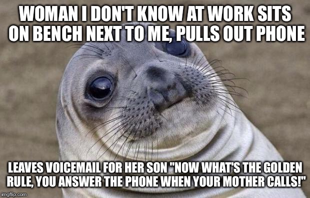 Awkward Moment Sealion Meme | WOMAN I DON'T KNOW AT WORK SITS ON BENCH NEXT TO ME, PULLS OUT PHONE; LEAVES VOICEMAIL FOR HER SON "NOW WHAT'S THE GOLDEN RULE, YOU ANSWER THE PHONE WHEN YOUR MOTHER CALLS!" | image tagged in memes,awkward moment sealion | made w/ Imgflip meme maker