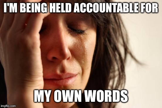 First World Problems Meme | I'M BEING HELD ACCOUNTABLE FOR MY OWN WORDS | image tagged in memes,first world problems | made w/ Imgflip meme maker