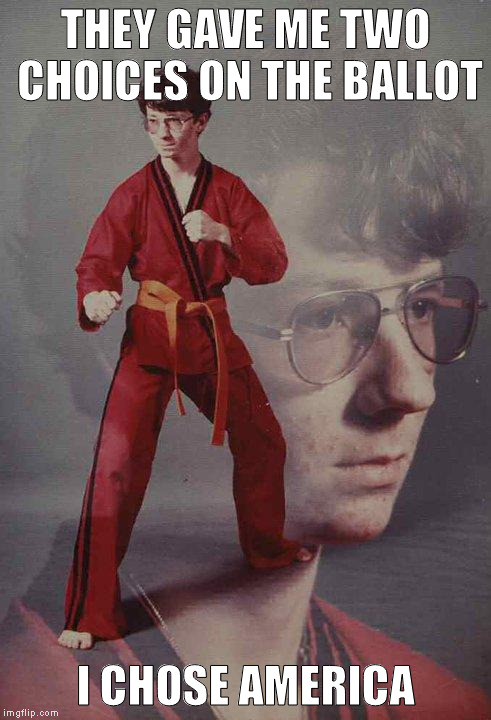 Karate Kyle | THEY GAVE ME TWO CHOICES ON THE BALLOT; I CHOSE AMERICA | image tagged in memes,karate kyle | made w/ Imgflip meme maker