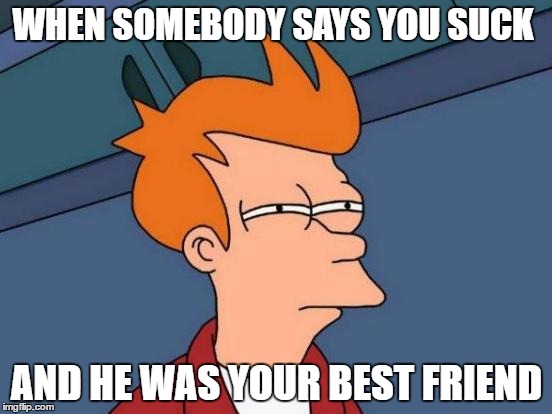 Futurama Fry Meme | WHEN SOMEBODY SAYS YOU
SUCK; AND HE WAS YOUR BEST FRIEND | image tagged in memes,futurama fry | made w/ Imgflip meme maker