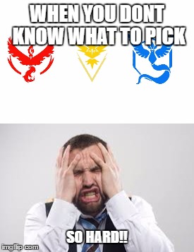 Pokemon Go Team FRUSTRATION | WHEN YOU DONT KNOW WHAT TO PICK; SO HARD!! | image tagged in pokemon go,frustration,mystic,valor,stupid instinct | made w/ Imgflip meme maker