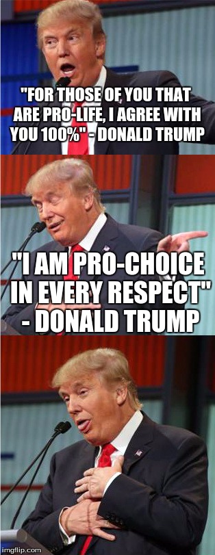 Bad Pun Trump | "FOR THOSE OF YOU THAT ARE PRO-LIFE, I AGREE WITH YOU 100%" - DONALD TRUMP; "I AM PRO-CHOICE IN EVERY RESPECT" - DONALD TRUMP | image tagged in bad pun trump,trump contradictions,pro life,pro choice,trump,liar | made w/ Imgflip meme maker