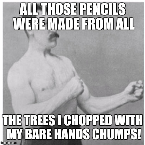 Tough guy | ALL THOSE PENCILS WERE MADE FROM ALL; THE TREES I CHOPPED WITH MY BARE HANDS CHUMPS! | image tagged in memes | made w/ Imgflip meme maker
