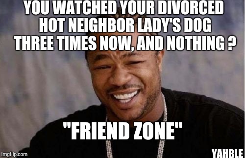 Yo Dawg Heard You Meme | YOU WATCHED YOUR DIVORCED HOT NEIGHBOR LADY'S DOG THREE TIMES NOW, AND NOTHING ? "FRIEND ZONE"; YAHBLE | image tagged in memes,yo dawg heard you | made w/ Imgflip meme maker