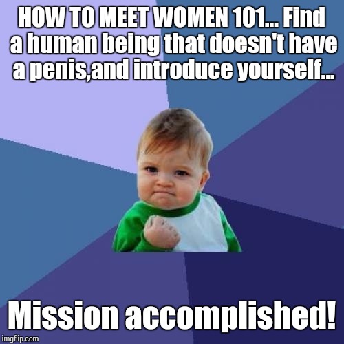 Lowered expectations... | HOW TO MEET WOMEN 101... Find a human being that doesn't have a penis,and introduce yourself... Mission accomplished! | image tagged in memes,success kid,women,dating,success | made w/ Imgflip meme maker