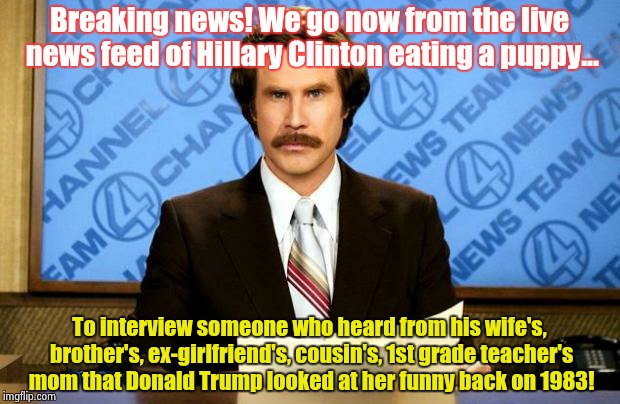 IMPORTANT BREAKING NEWS!!! | Breaking news! We go now from the live news feed of Hillary Clinton eating a puppy... To interview someone who heard from his wife's, brother's, ex-girlfriend's, cousin's, 1st grade teacher's mom that Donald Trump looked at her funny back on 1983! | image tagged in breaking news | made w/ Imgflip meme maker