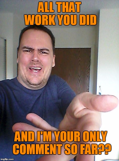 wow! | ALL THAT WORK YOU DID AND I'M YOUR ONLY COMMENT SO FAR?? | image tagged in wow | made w/ Imgflip meme maker