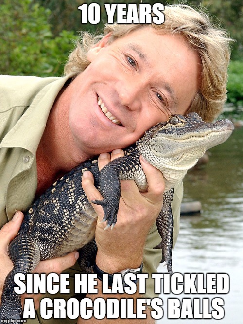 Rest in piece. The world's crocodile and venomous snake populations will never be the same without you. | 10 YEARS; SINCE HE LAST TICKLED A CROCODILE'S BALLS | image tagged in steve irwin,memes,memorial | made w/ Imgflip meme maker