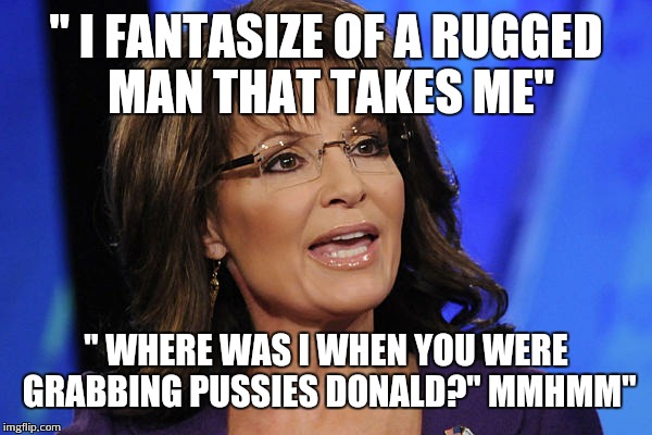 Sarah Palin smile | " I FANTASIZE OF A RUGGED MAN THAT TAKES ME"; " WHERE WAS I WHEN YOU WERE GRABBING PUSSIES DONALD?" MMHMM" | image tagged in sarah palin smile | made w/ Imgflip meme maker