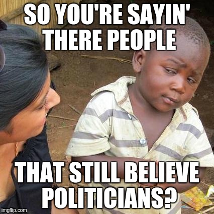 Third World Skeptical Kid | SO YOU'RE SAYIN' THERE PEOPLE; THAT STILL BELIEVE POLITICIANS? | image tagged in memes,third world skeptical kid | made w/ Imgflip meme maker