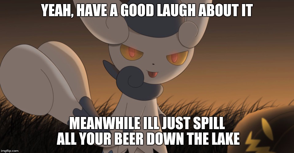 Mean meowstic | YEAH, HAVE A GOOD LAUGH ABOUT IT MEANWHILE ILL JUST SPILL ALL YOUR BEER DOWN THE LAKE | image tagged in mean meowstic | made w/ Imgflip meme maker