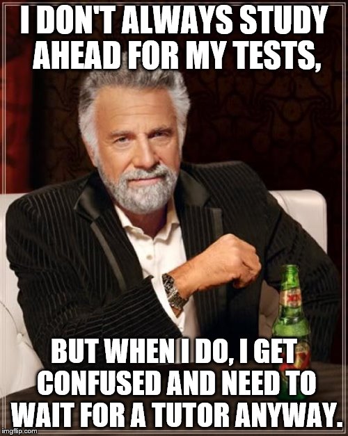 The Most Interesting Man In The World | I DON'T ALWAYS STUDY AHEAD FOR MY TESTS, BUT WHEN I DO, I GET CONFUSED AND NEED TO WAIT FOR A TUTOR ANYWAY. | image tagged in memes,the most interesting man in the world | made w/ Imgflip meme maker