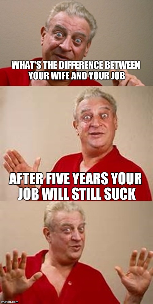 bad pun Dangerfield  | WHAT'S THE DIFFERENCE BETWEEN YOUR WIFE AND YOUR JOB; AFTER FIVE YEARS YOUR JOB WILL STILL SUCK | image tagged in bad pun dangerfield | made w/ Imgflip meme maker