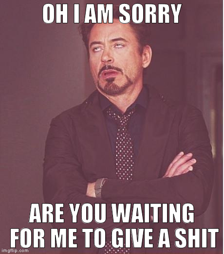 Face You Make Robert Downey Jr | OH I AM SORRY; ARE YOU WAITING FOR ME TO GIVE A SHIT | image tagged in memes,face you make robert downey jr | made w/ Imgflip meme maker