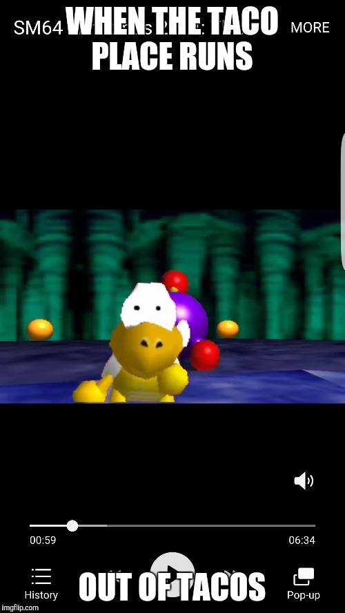 Smg4 koopa troopa freak out  | WHEN THE TACO PLACE RUNS; OUT OF TACOS | image tagged in smg4 | made w/ Imgflip meme maker