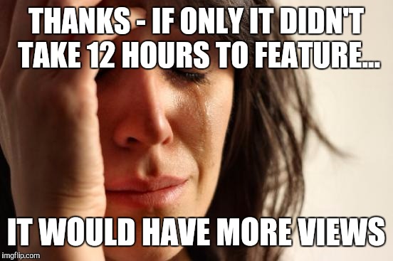 First World Problems Meme | THANKS - IF ONLY IT DIDN'T TAKE 12 HOURS TO FEATURE... IT WOULD HAVE MORE VIEWS | image tagged in memes,first world problems | made w/ Imgflip meme maker
