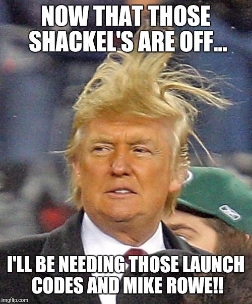 Donald Trumph hair | NOW THAT THOSE SHACKEL'S ARE OFF... I'LL BE NEEDING THOSE LAUNCH CODES AND MIKE ROWE!! | image tagged in donald trumph hair | made w/ Imgflip meme maker