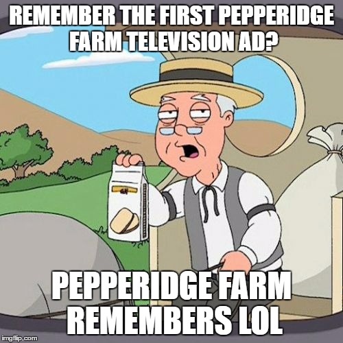 Pepperidge Farm Remembers Meme | REMEMBER THE FIRST PEPPERIDGE FARM TELEVISION AD? PEPPERIDGE FARM REMEMBERS LOL | image tagged in memes,pepperidge farm remembers | made w/ Imgflip meme maker