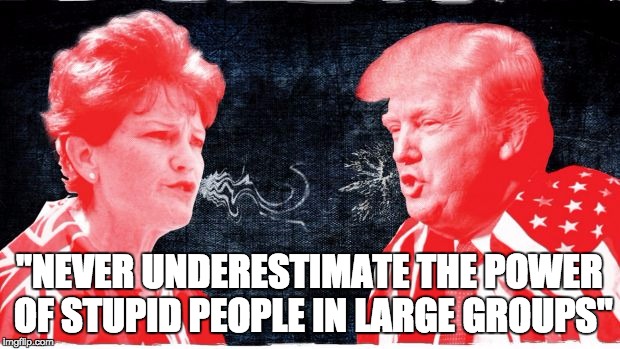 The World is Doomed | "NEVER UNDERESTIMATE THE POWER OF STUPID PEOPLE IN LARGE GROUPS" | image tagged in donald trump,trump 2016,trump,politics,australia,pauline hanson | made w/ Imgflip meme maker