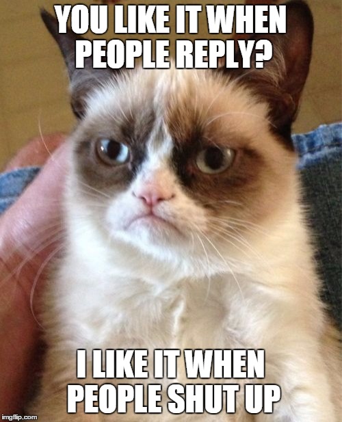 Grumpy Cat Meme | YOU LIKE IT WHEN PEOPLE REPLY? I LIKE IT WHEN PEOPLE SHUT UP | image tagged in memes,grumpy cat | made w/ Imgflip meme maker