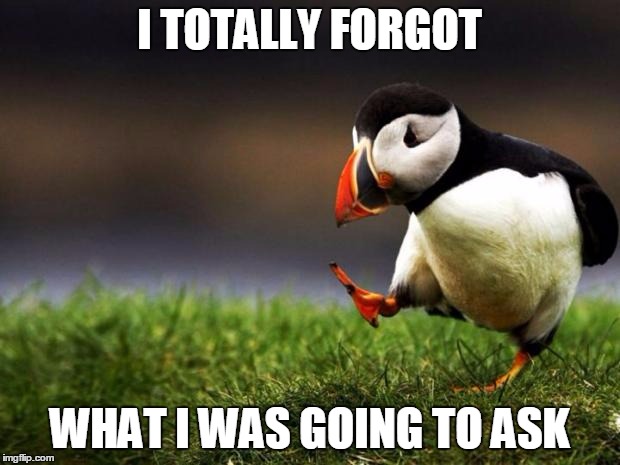 Unpopular Opinion Puffin Meme | I TOTALLY FORGOT; WHAT I WAS GOING TO ASK | image tagged in memes,unpopular opinion puffin | made w/ Imgflip meme maker