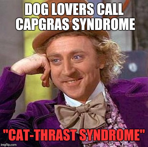 Creepy Condescending Wonka Meme | DOG LOVERS CALL CAPGRAS SYNDROME; "CAT-THRAST SYNDROME" | image tagged in memes,creepy condescending wonka,capgras,cat-thrast,syndrome | made w/ Imgflip meme maker