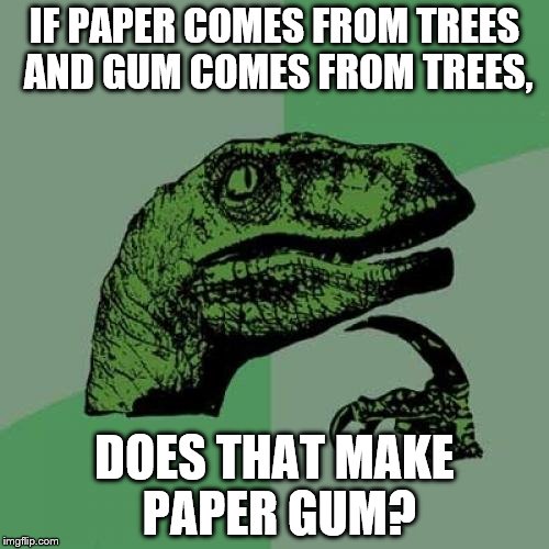 Philosoraptor | IF PAPER COMES FROM TREES AND GUM COMES FROM TREES, DOES THAT MAKE PAPER GUM? | image tagged in memes,philosoraptor | made w/ Imgflip meme maker