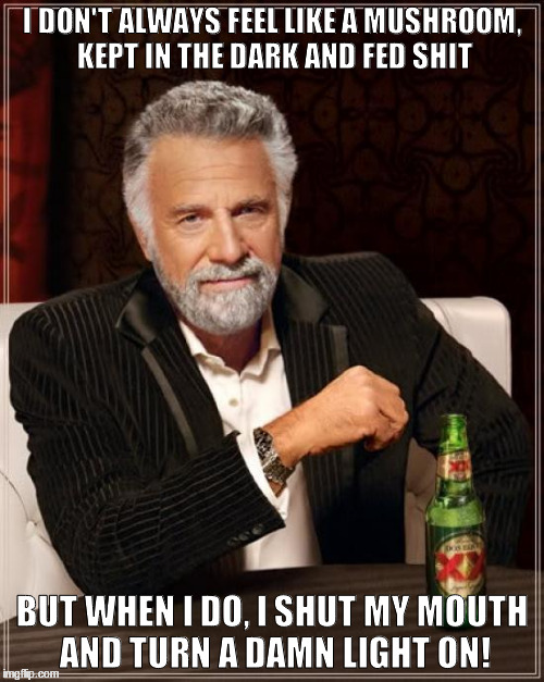 The Most Interesting Man In The World Meme | I DON'T ALWAYS FEEL LIKE A MUSHROOM, KEPT IN THE DARK AND FED SHIT; BUT WHEN I DO, I SHUT MY MOUTH AND TURN A DAMN LIGHT ON! | image tagged in memes,the most interesting man in the world | made w/ Imgflip meme maker