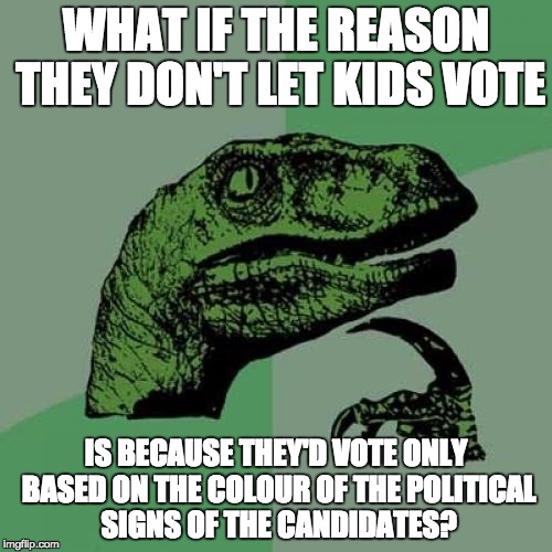 Philosoraptor |  WHAT IF THE REASON THEY DON'T LET KIDS VOTE; IS BECAUSE THEY'D VOTE ONLY BASED ON THE COLOUR OF THE POLITICAL SIGNS OF THE CANDIDATES? | image tagged in memes,philosoraptor | made w/ Imgflip meme maker